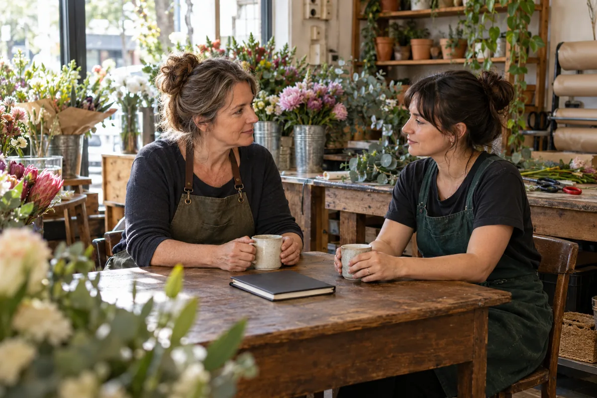 AI-generated illustration of two women having a supportive conversation in a small florist shop.